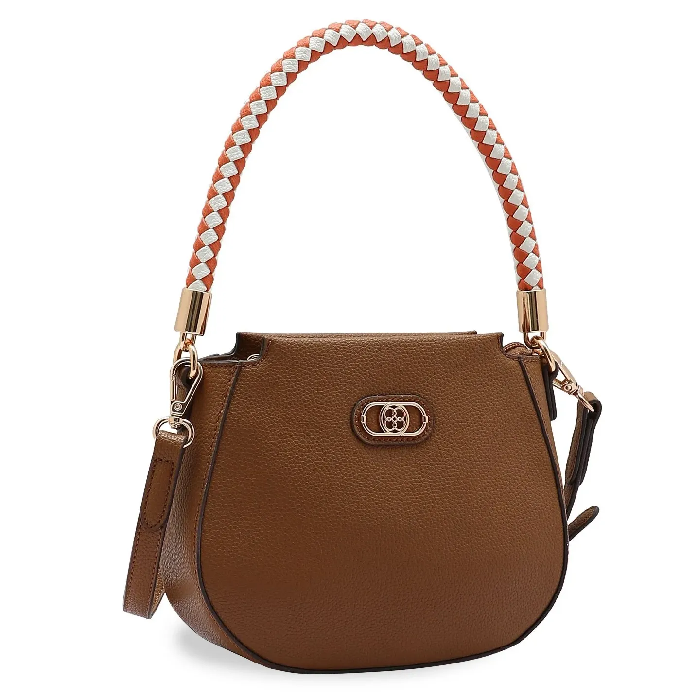 Bolsa feminina Chenson marrom com alças trançadas bicolor e detalhes metálicos dourados